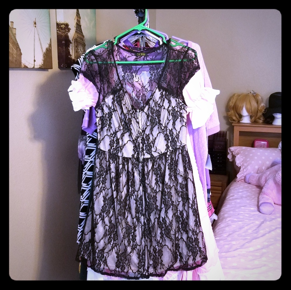 NWOT Depri Nude Lined Black Lace Short Dress Large